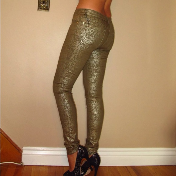 7 For All Mankind Gold Leaf Coated Skinny Jeans Size 25 Stretch - Picture 7 of 7
